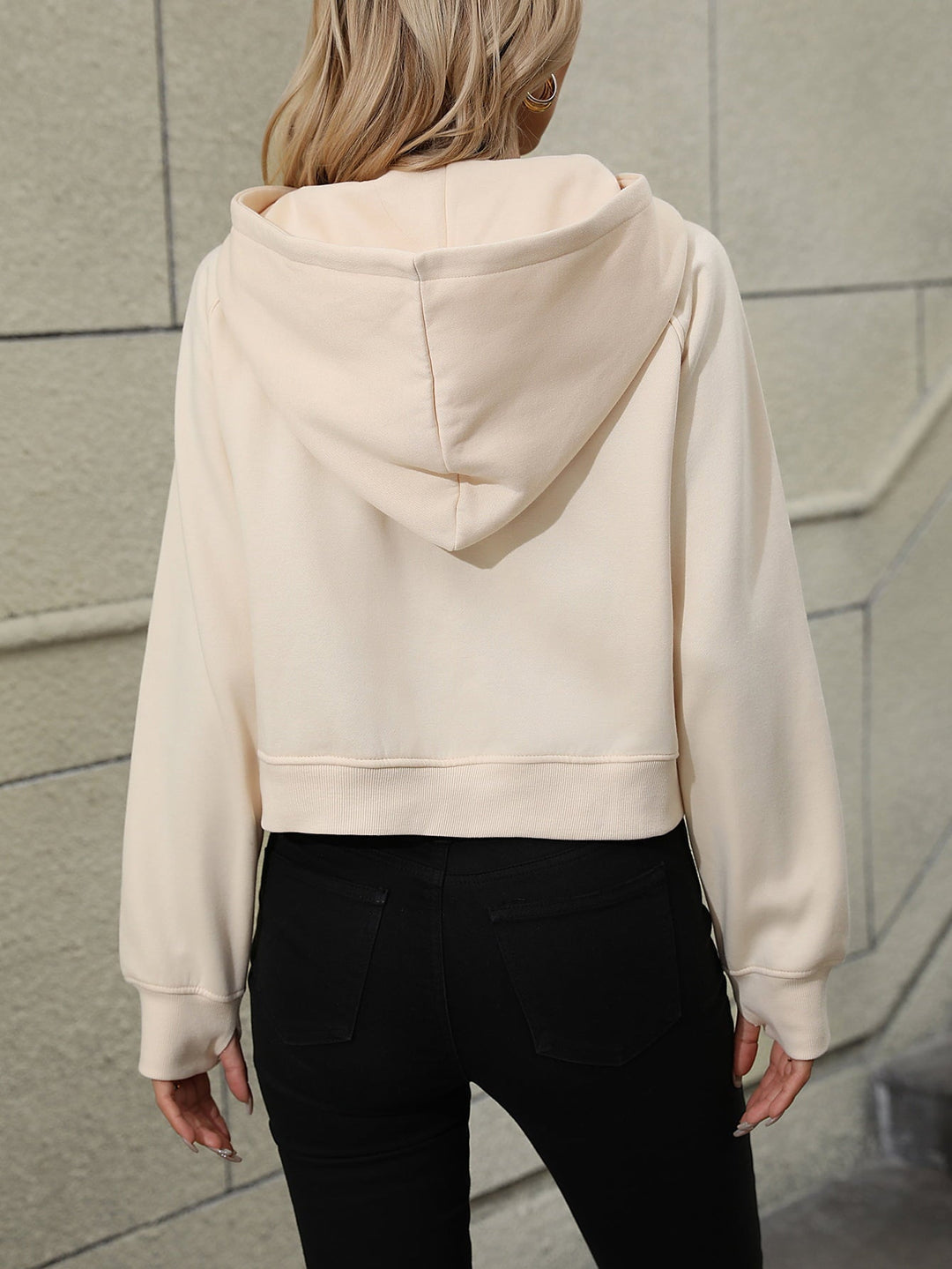 Raglan Sleeve Zip-Up Hoodie With Pocket