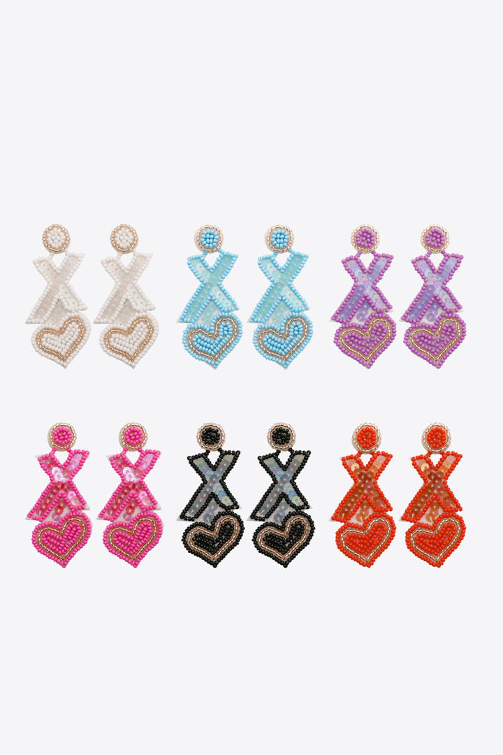 Random 2-Pair Heart And X-Shape Bead Dangle Earrings