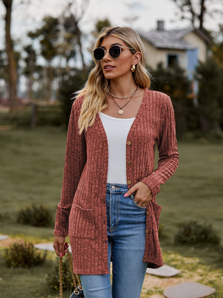 Ribbed Button-UP Cardigan With Pockets