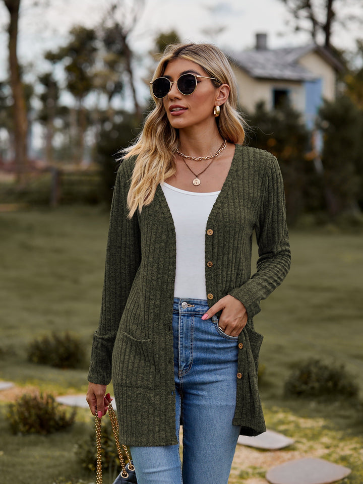 Ribbed Button-UP Cardigan With Pockets