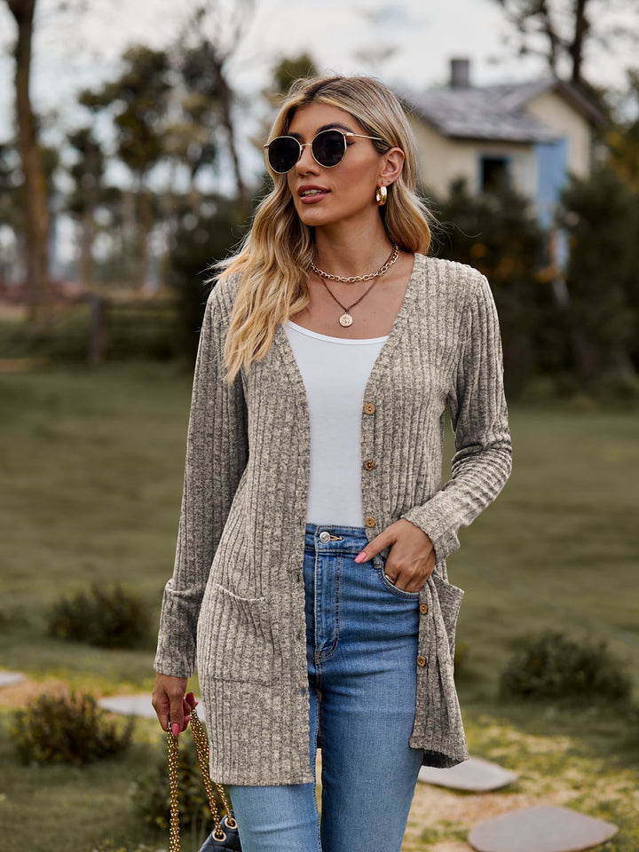 Ribbed Button-UP Cardigan With Pockets