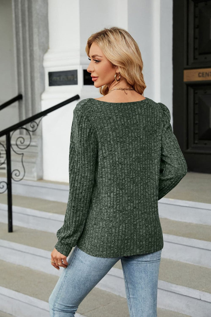 Ribbed Square Neck Long Sleeve T-Shirt