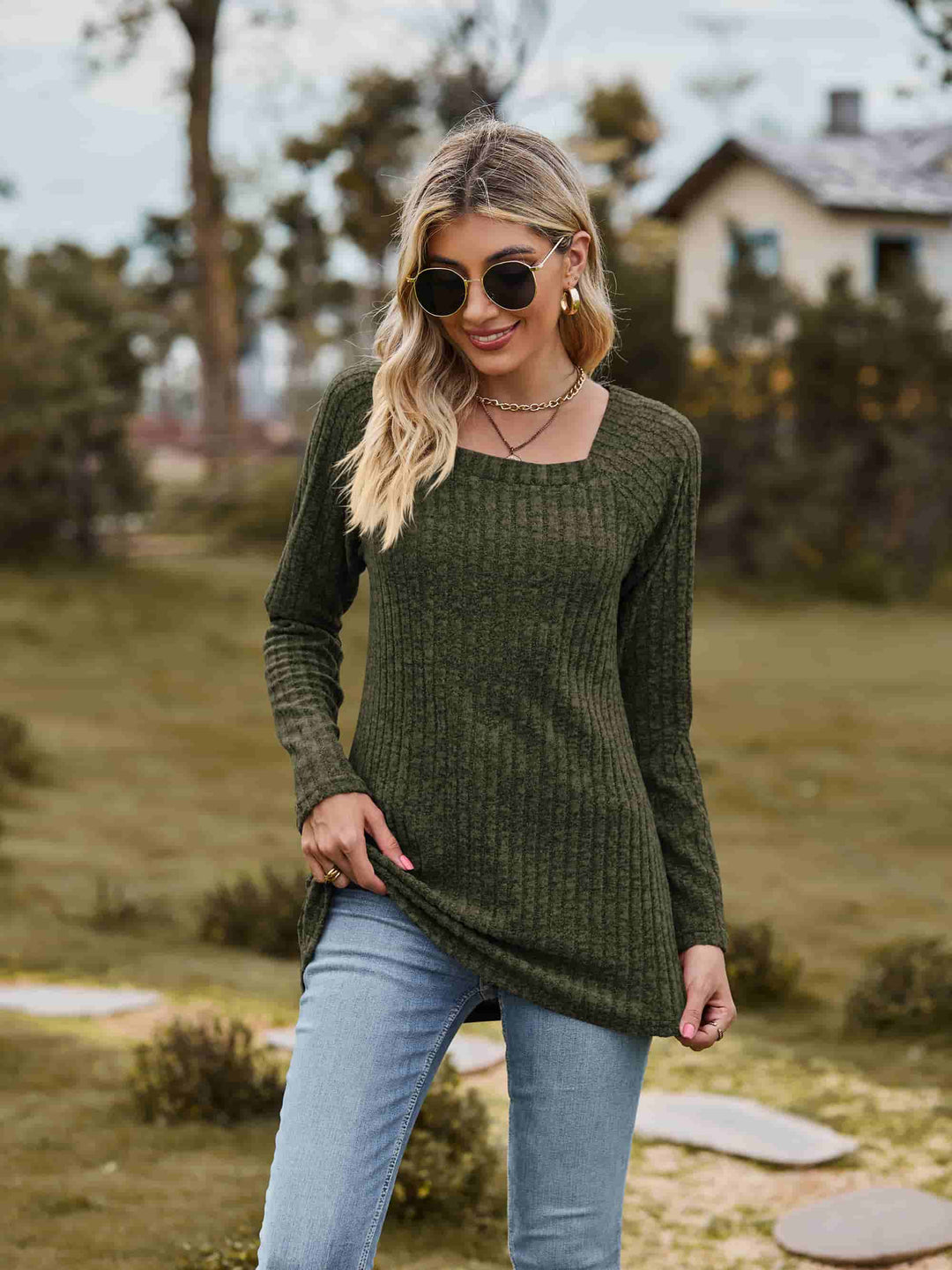 Ribbed Square Neck Long Sleeve Tee