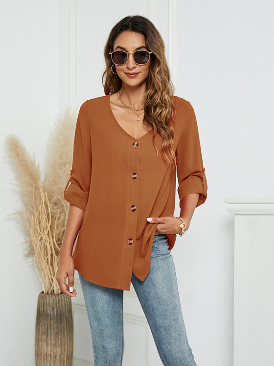 Roll-Tap Long Sleeve V-Neck Buttoned Blouse