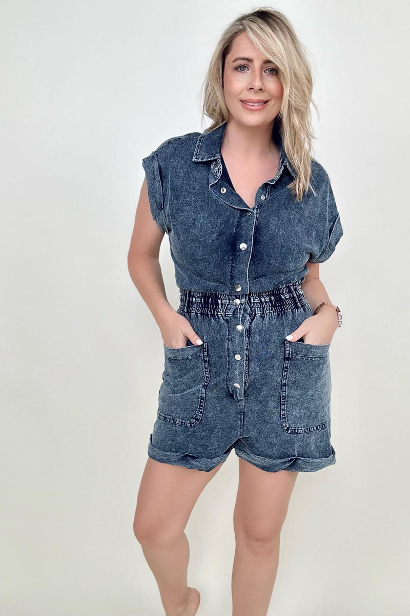 Rompers - White Birch Short Sleeve Buttoned Front Woven Romper