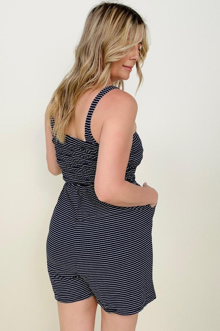 Rompers - Zenana Smocked Top Striped Romper With Pockets