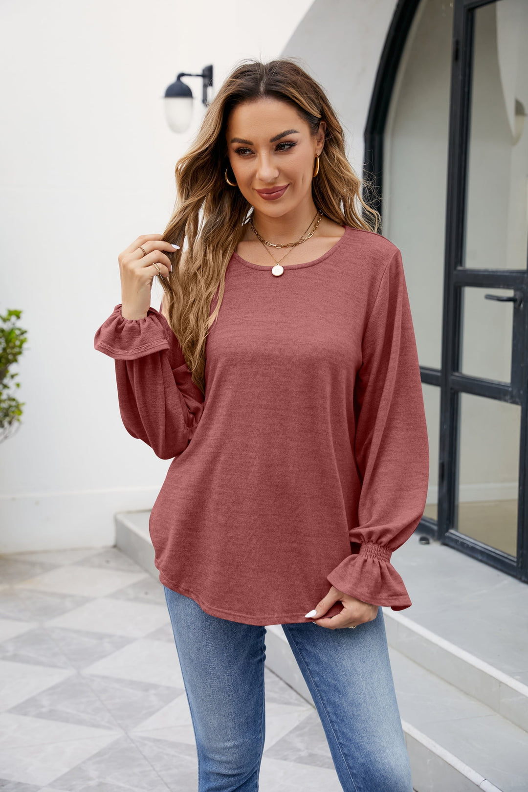 Round Neck Flounce Sleeve Blouse