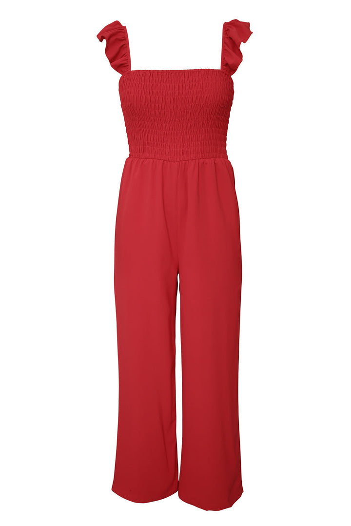 Ruffle Shoulder Smocked Pocket Jumpsuit