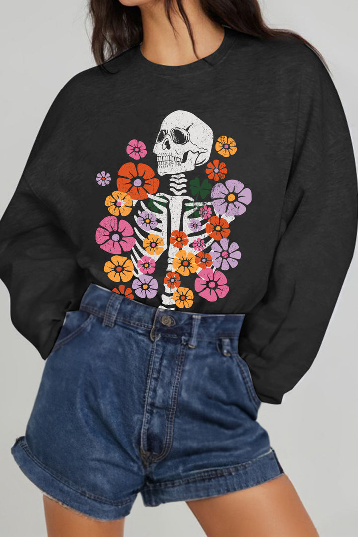 Simply Love Full Size Flower Skeleton Graphic Sweatshirt
