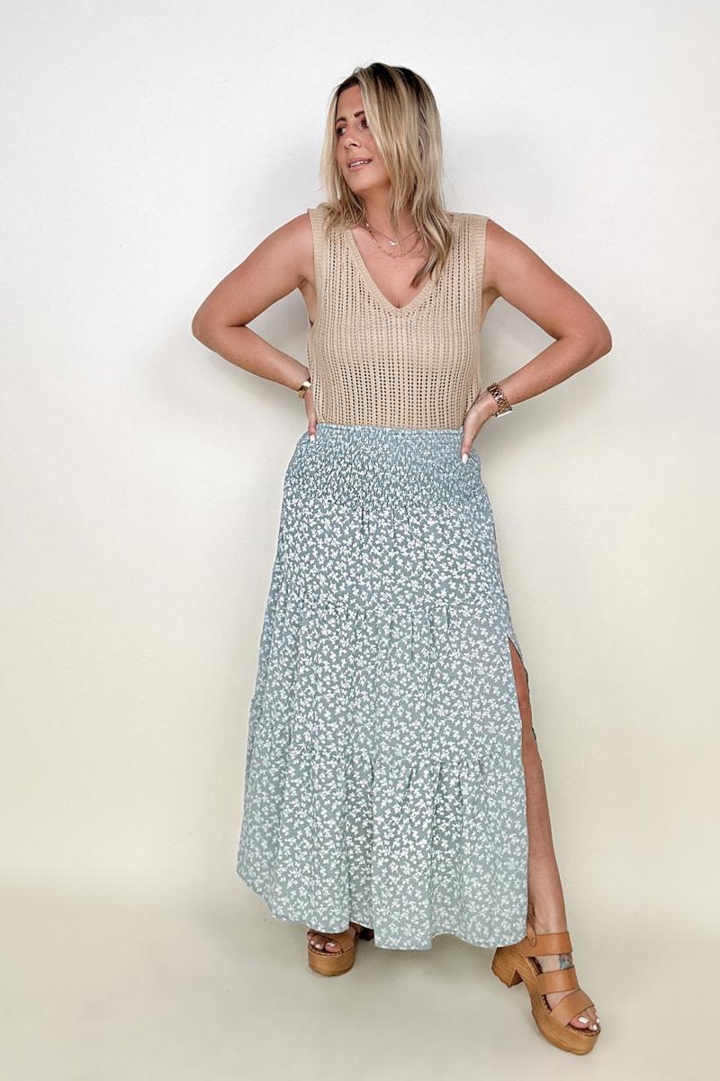 Skirts - Heyson Smocked Waist Ditsy Floral Midi Skirt With Slit
