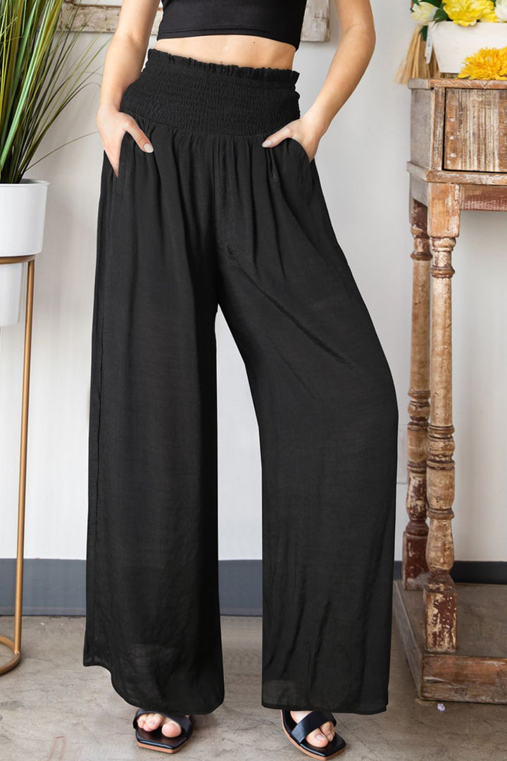 Smocked Waist Wide Leg Pants With Pockets