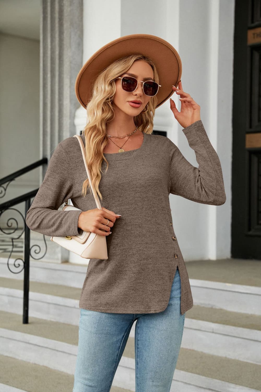 Square Neck Long Sleeve Slit T-Shirt