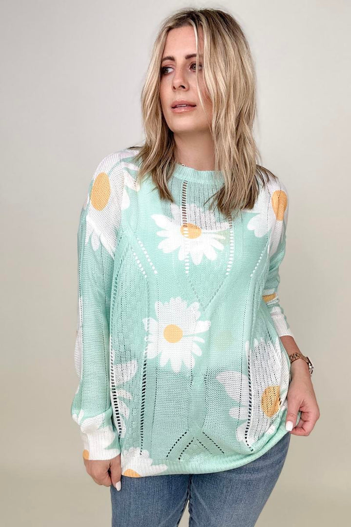 Sweaters - Davi & Dani Daisy Print Crew Neck Loose Knit Top