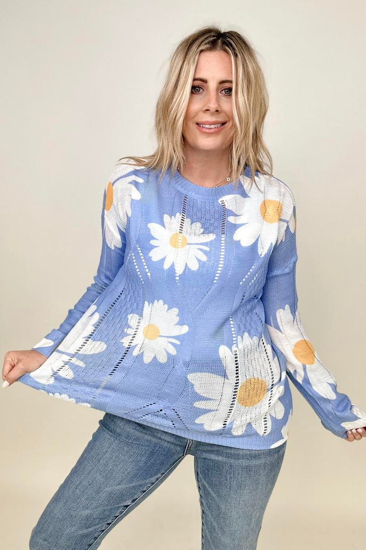 Sweaters - Davi & Dani Daisy Print Crew Neck Loose Knit Top