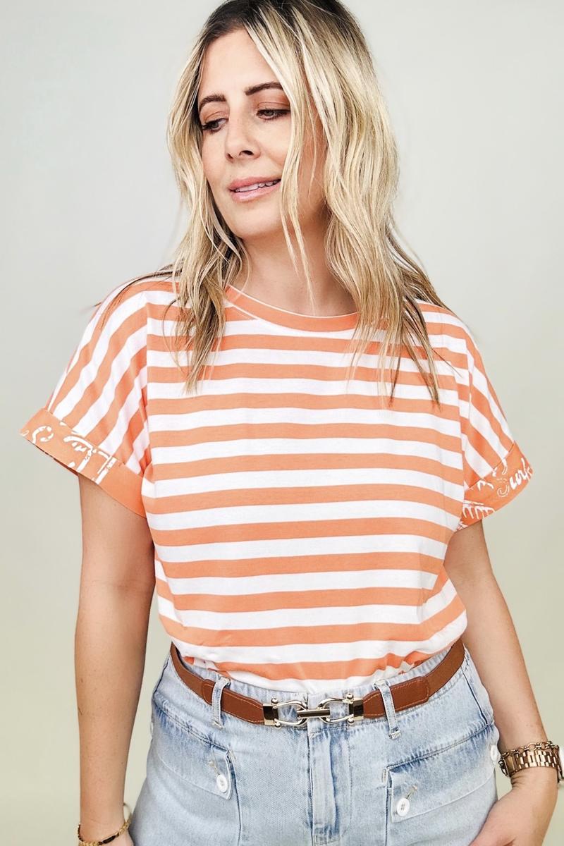 T-shirts - Cotton Bleu Striped Oversized Top With Contrast Cuffed Sleeve