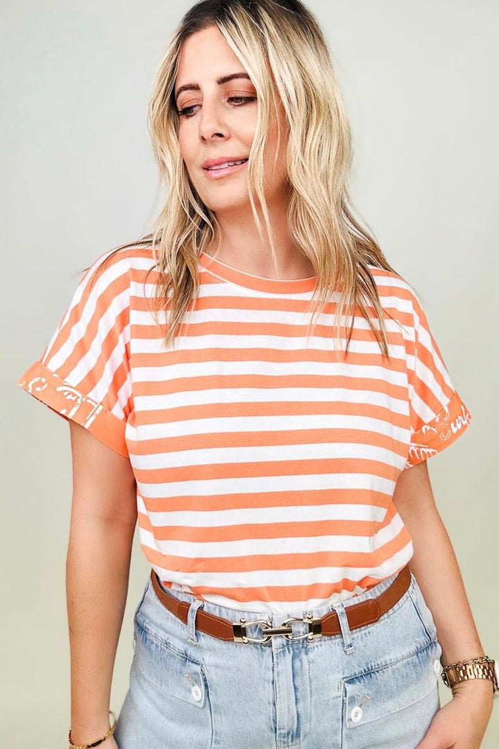 T-shirts - Cotton Bleu Striped Oversized Top With Contrast Cuffed Sleeve