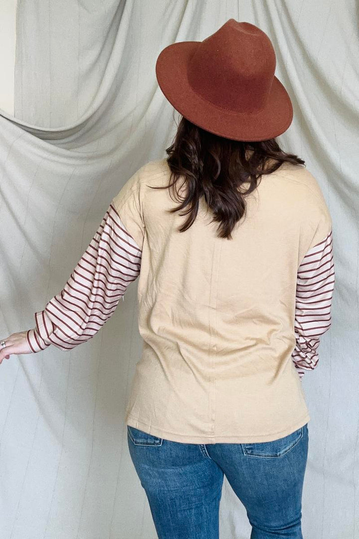 T-shirts - Round Neck Colorblock Striped Bishop Sleeve Top