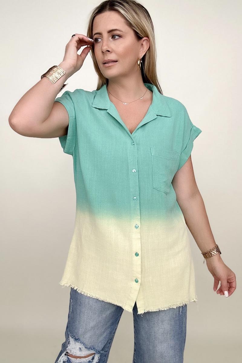 T-shirts - Umgee Linen Blend Bleach Dip Dye Button Down Top