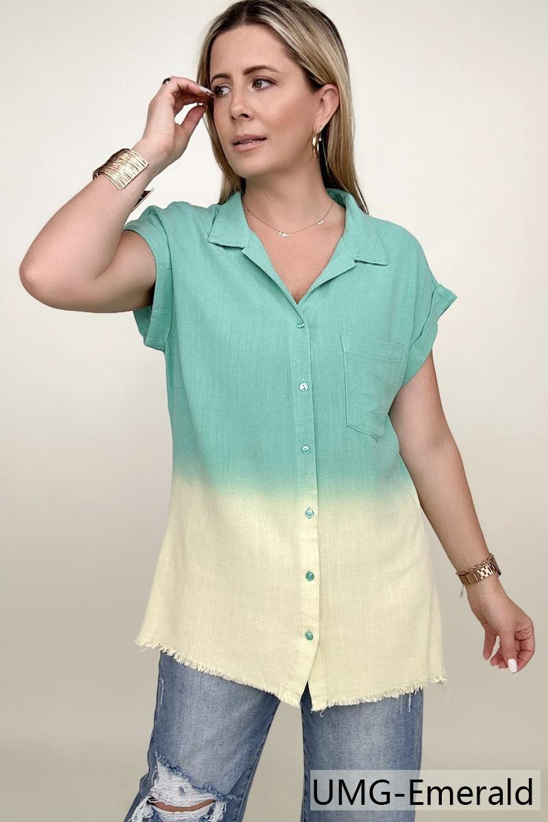 T-shirts - Umgee Linen Blend Bleach Dip Dye Button Down Top