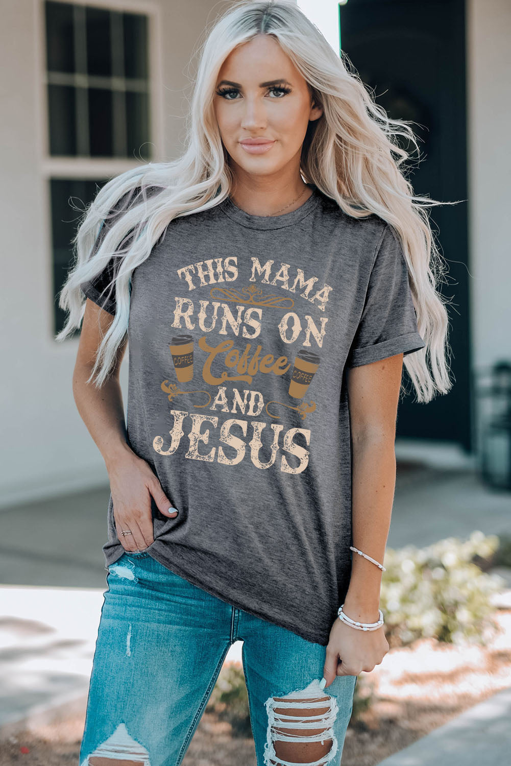 "This Mama Runs On Coffee And Jesus" Graphic Round Neck Tee