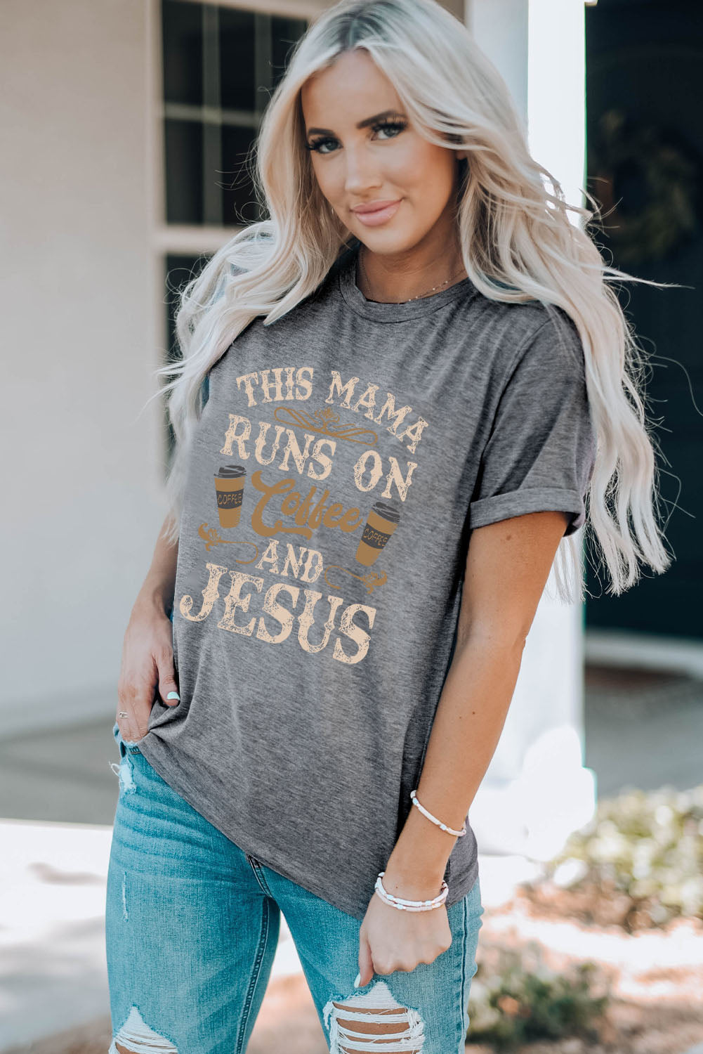 "This mama runs on coffee and Jesus" Graphic Round Neck Tee-Ever Joy