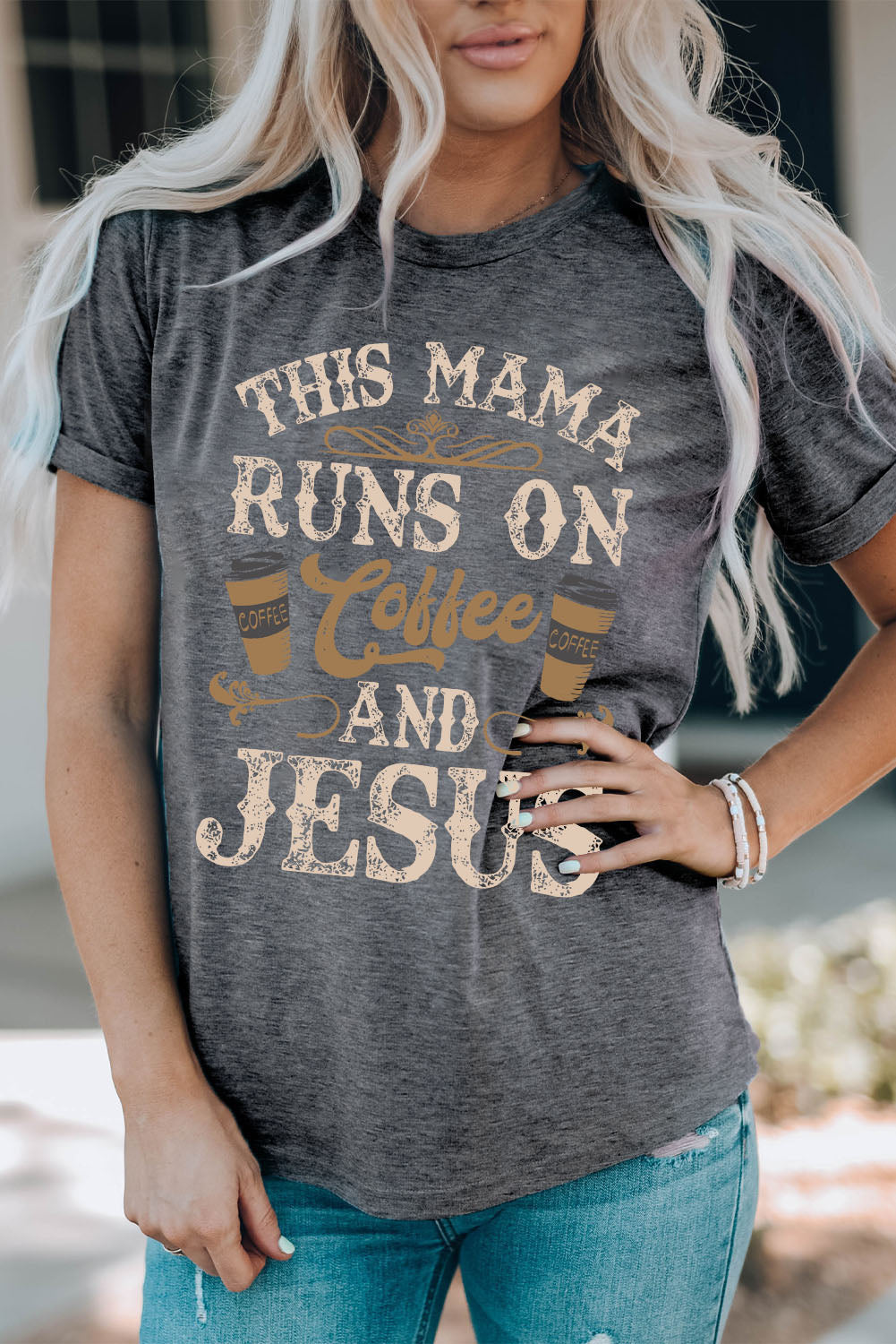 "This mama runs on coffee and Jesus" Graphic Round Neck Tee-Ever Joy