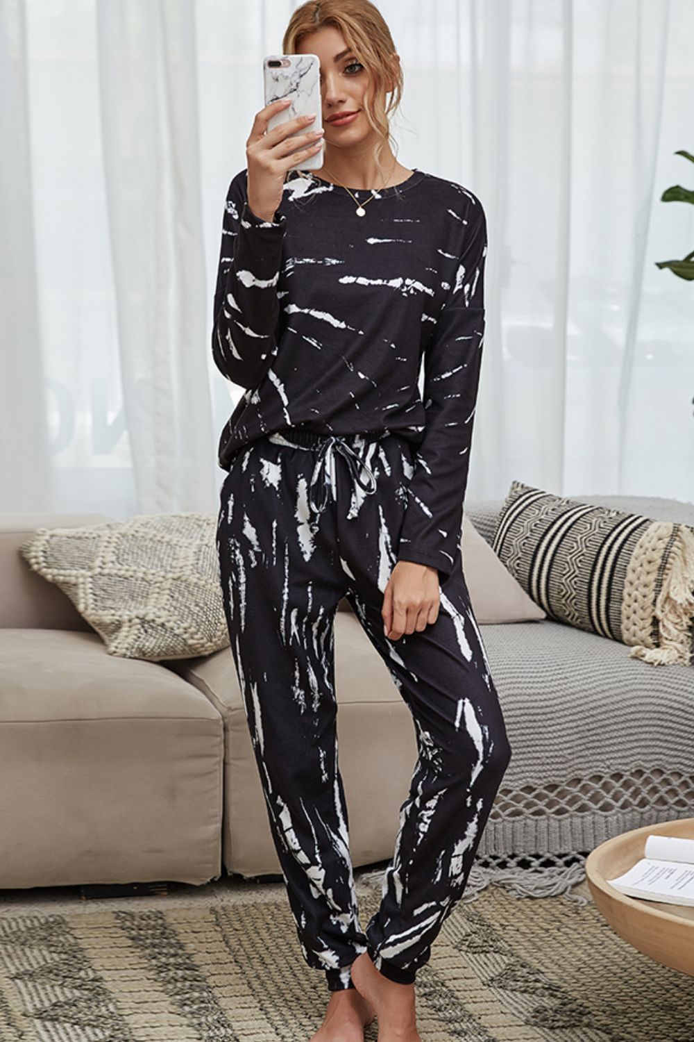 Tie-Dye Round Neck Top And Drawstring Waist Joggers Lounge Set