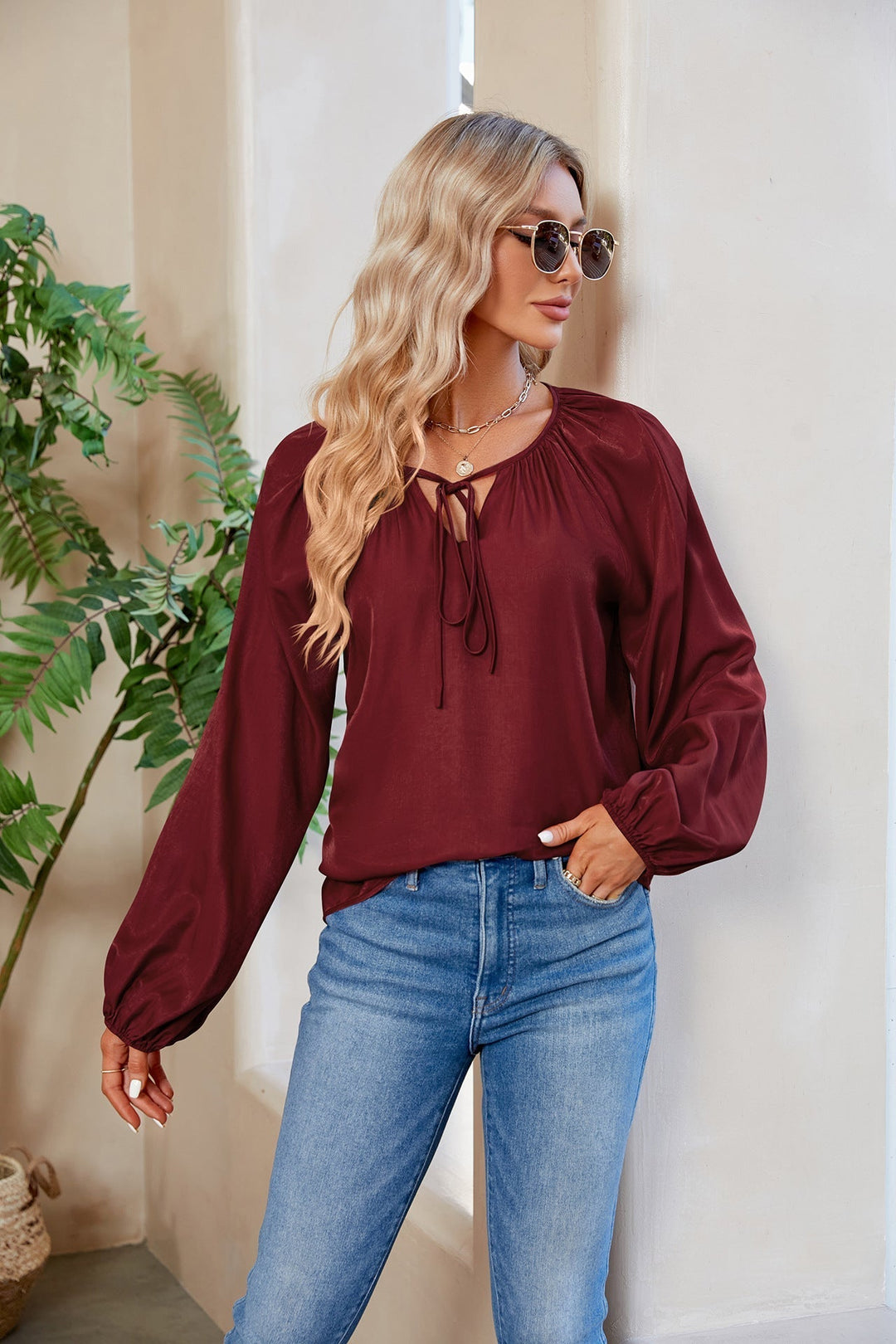 Tie Neck Balloon Sleeve Blouse