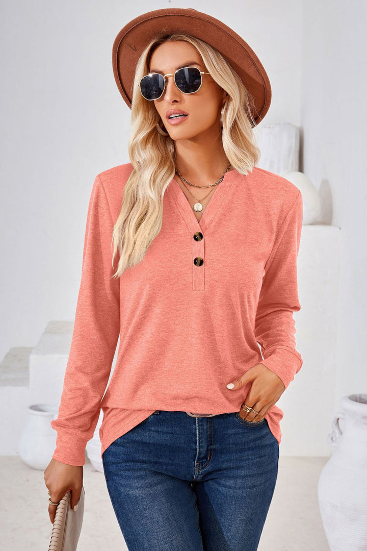 V-Neck Buttoned Long Sleeve Blouse