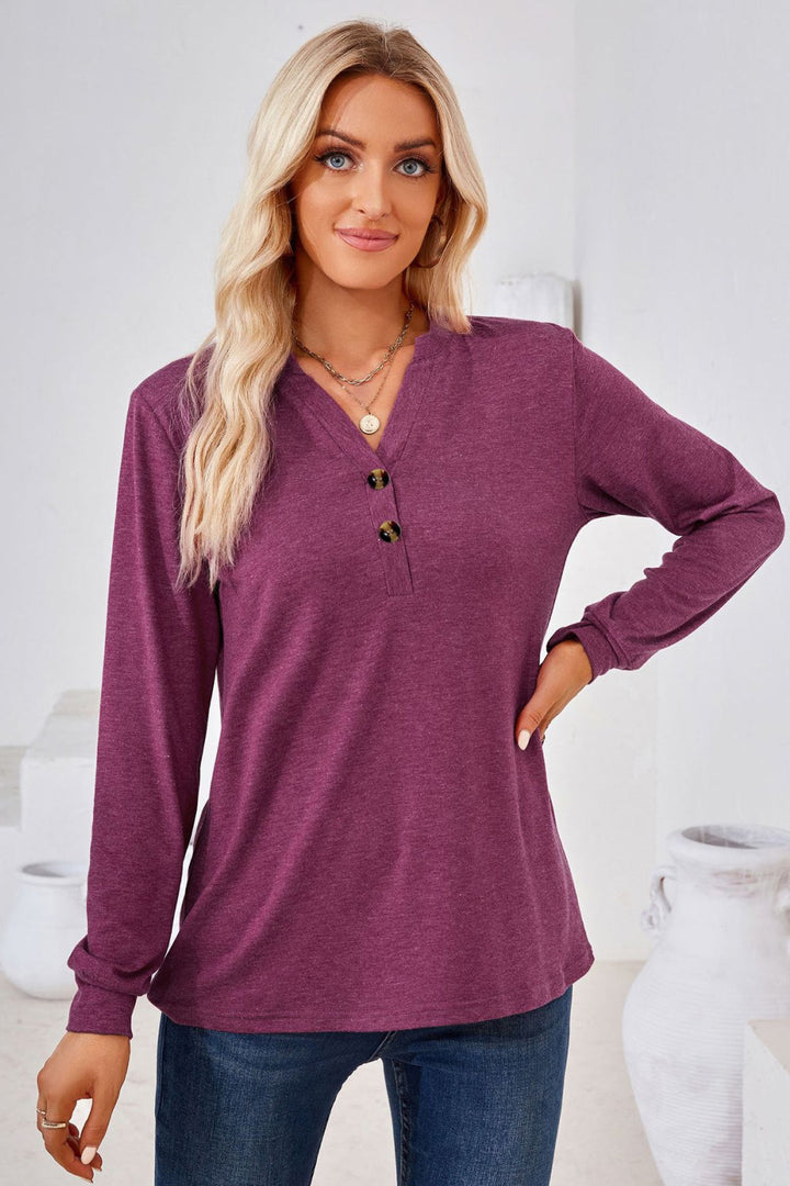 V-Neck Buttoned Long Sleeve Blouse