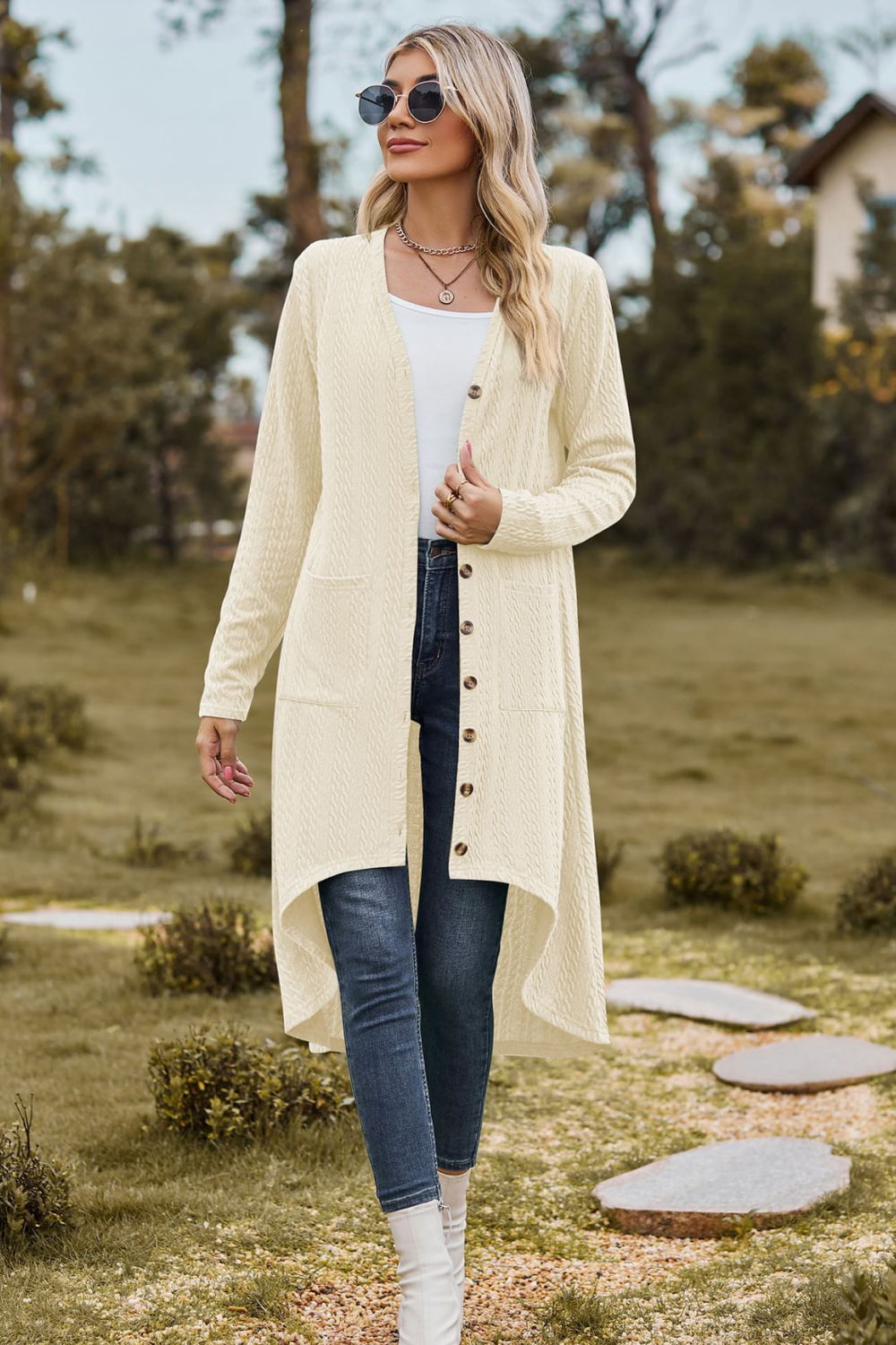 V-Neck Long Sleeve Cardigan With Pocket