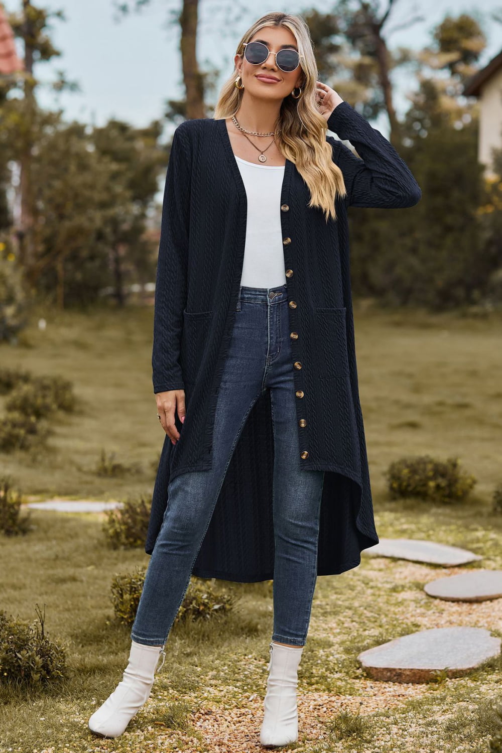 V-Neck Long Sleeve Cardigan With Pocket