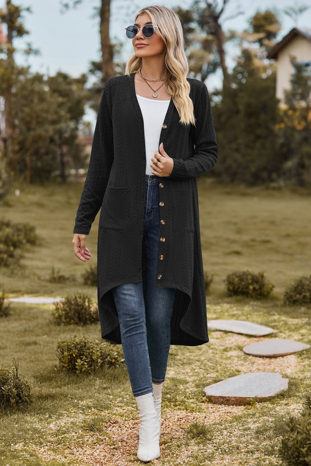 V-Neck Long Sleeve Cardigan With Pocket