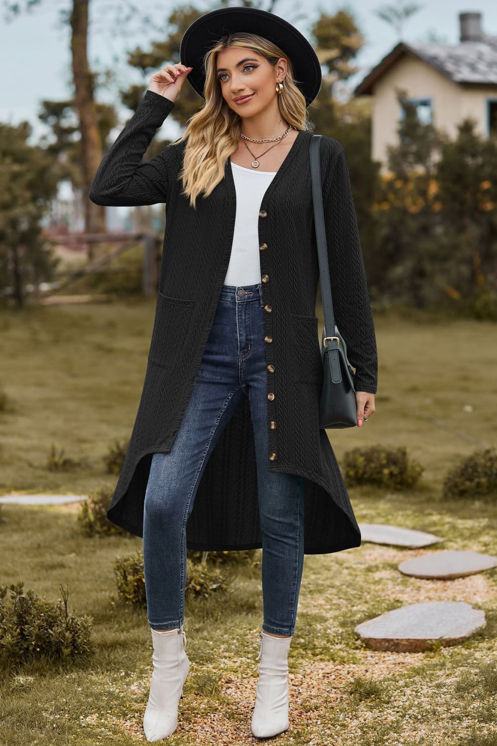 V-Neck Long Sleeve Cardigan With Pocket