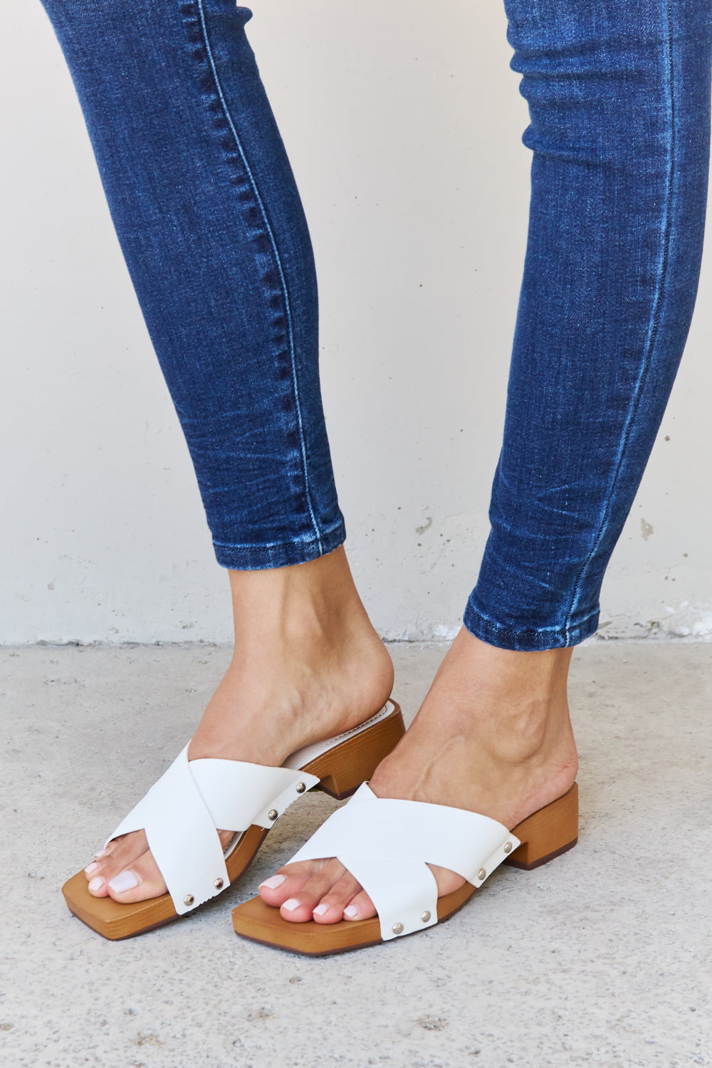 Weeboo Step Into Summer Criss Cross Wooden Clog Mule In White