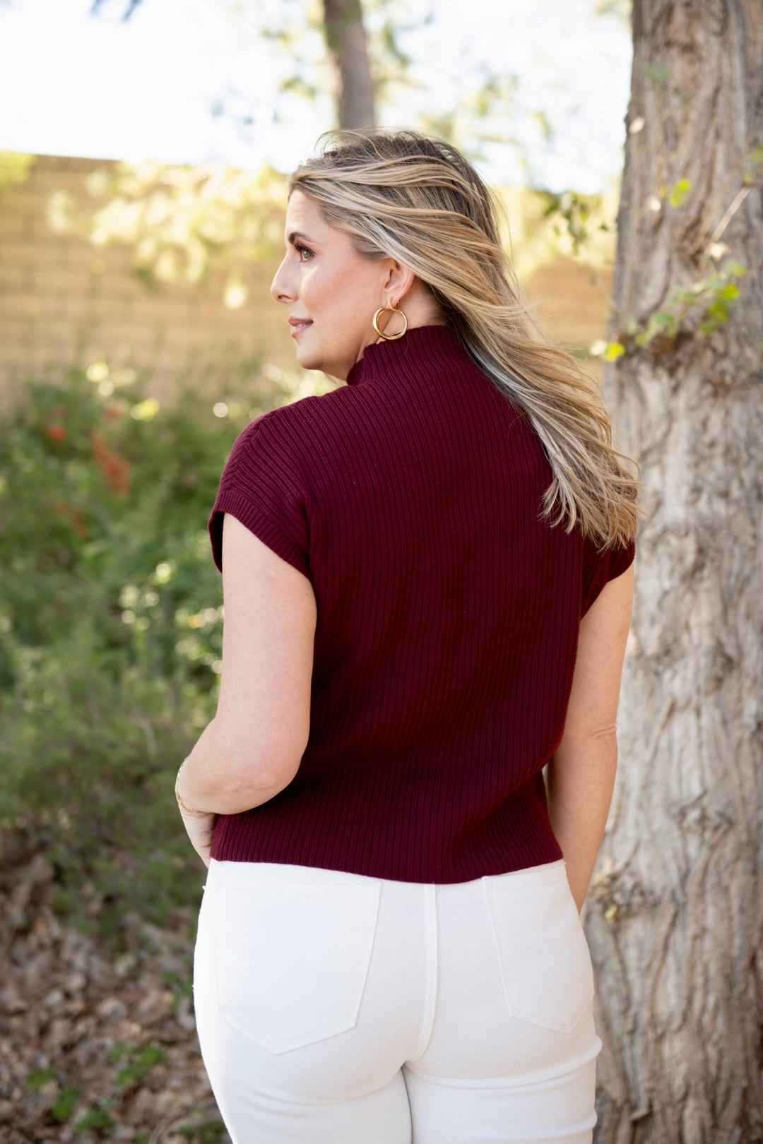 Welcome To Today, Ribbed Short Sleeve Sweater, Dark Burgundy