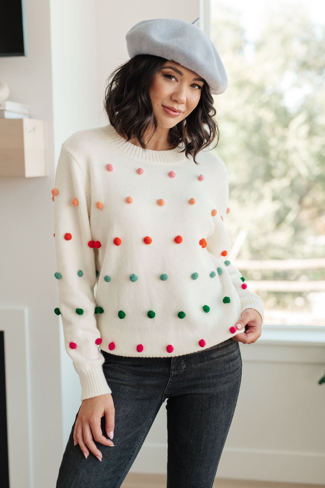 Womens - Candy Buttons Pom Detail Sweater