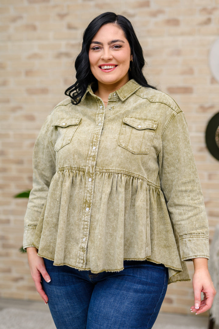 Womens - Green Tea Button Up Long Sleeve Top In Olive