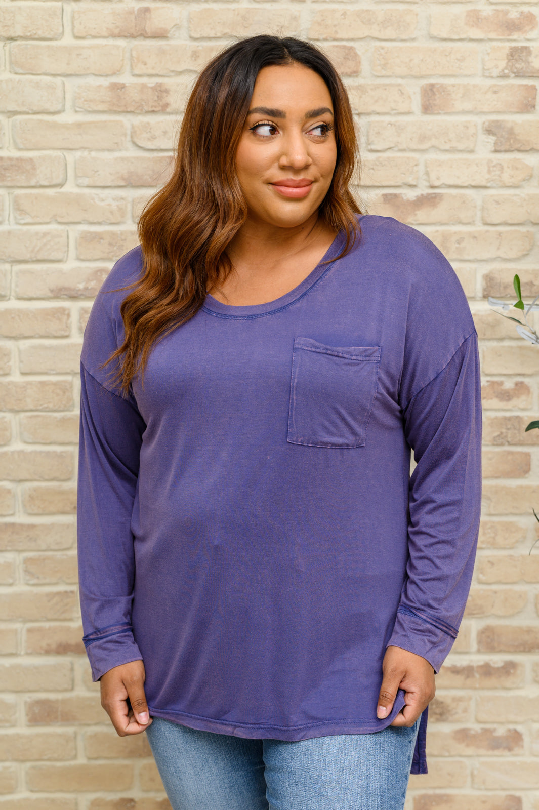 Womens - Long Sleeve Knit Top With Pocket In Denim Blue
