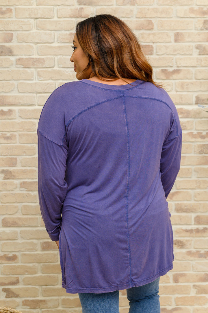 Womens - Long Sleeve Knit Top With Pocket In Denim Blue