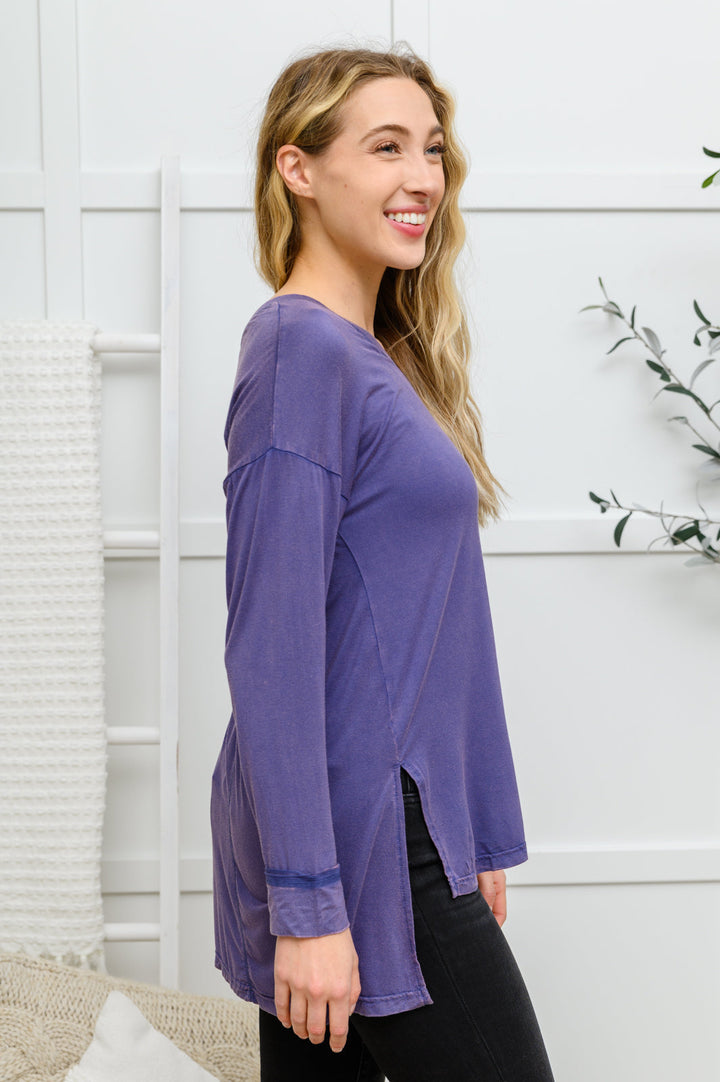 Womens - Long Sleeve Knit Top With Pocket In Denim Blue