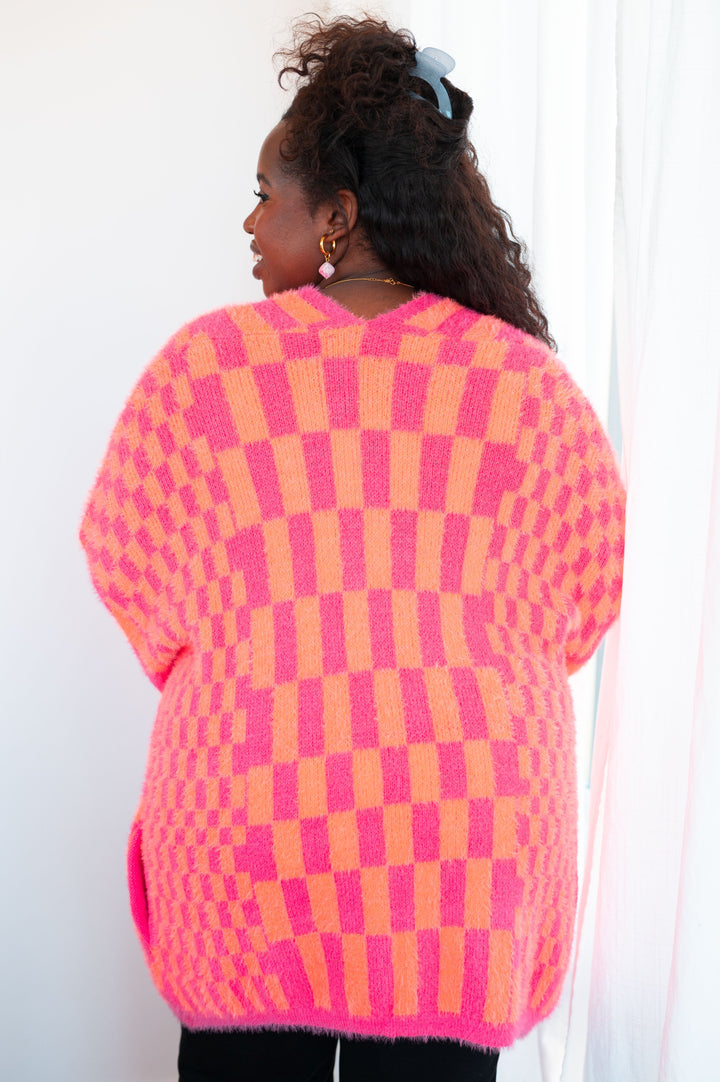 Womens - Noticed In Neon Checkered Cardigan In Pink And Orange