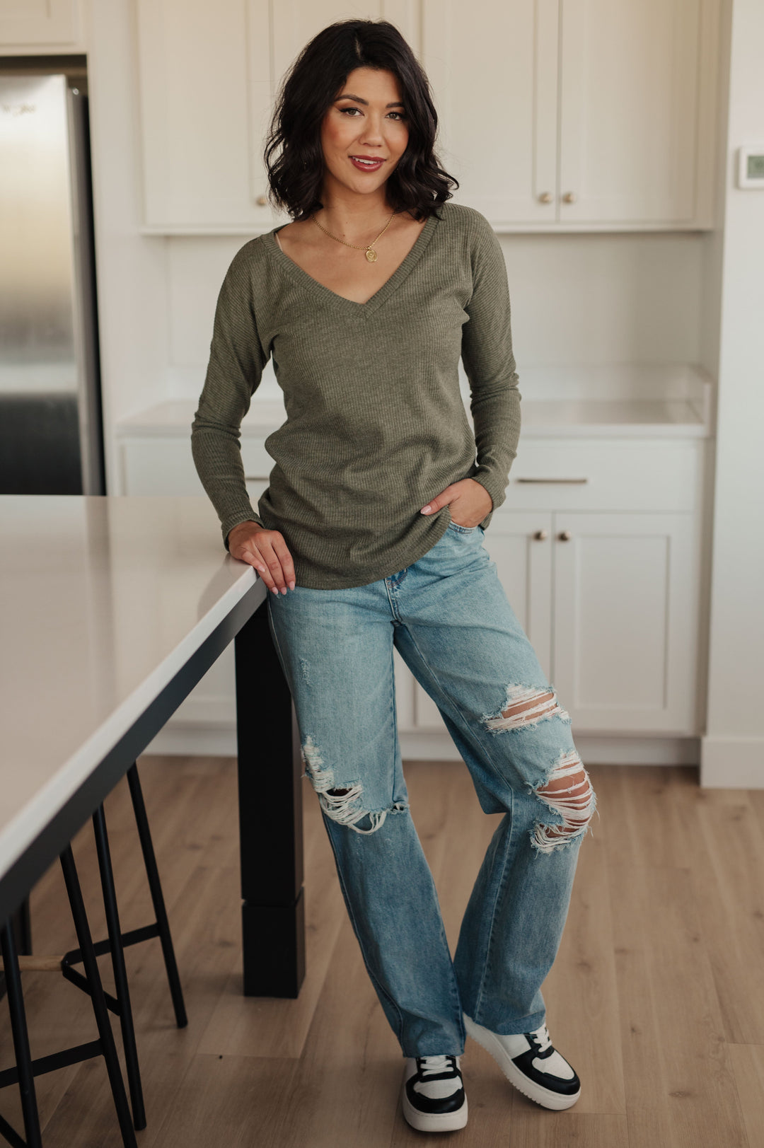 Womens - On A Roll Ribbed Knit V Neck Long Sleeve Top