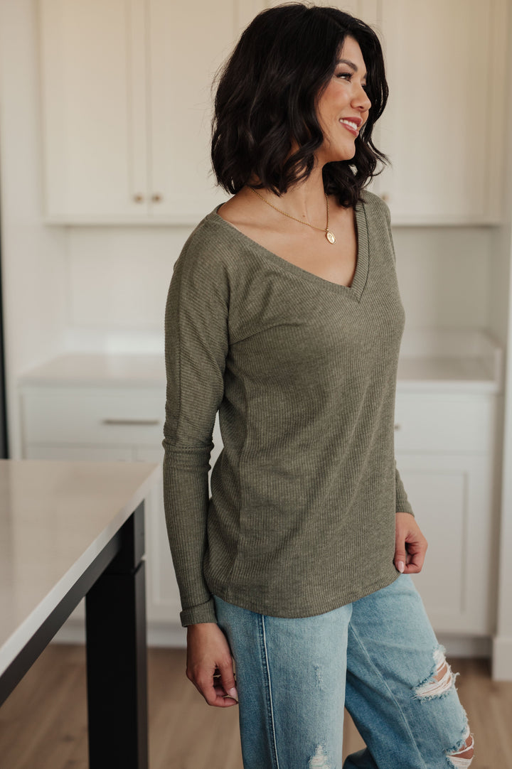 Womens - On A Roll Ribbed Knit V Neck Long Sleeve Top