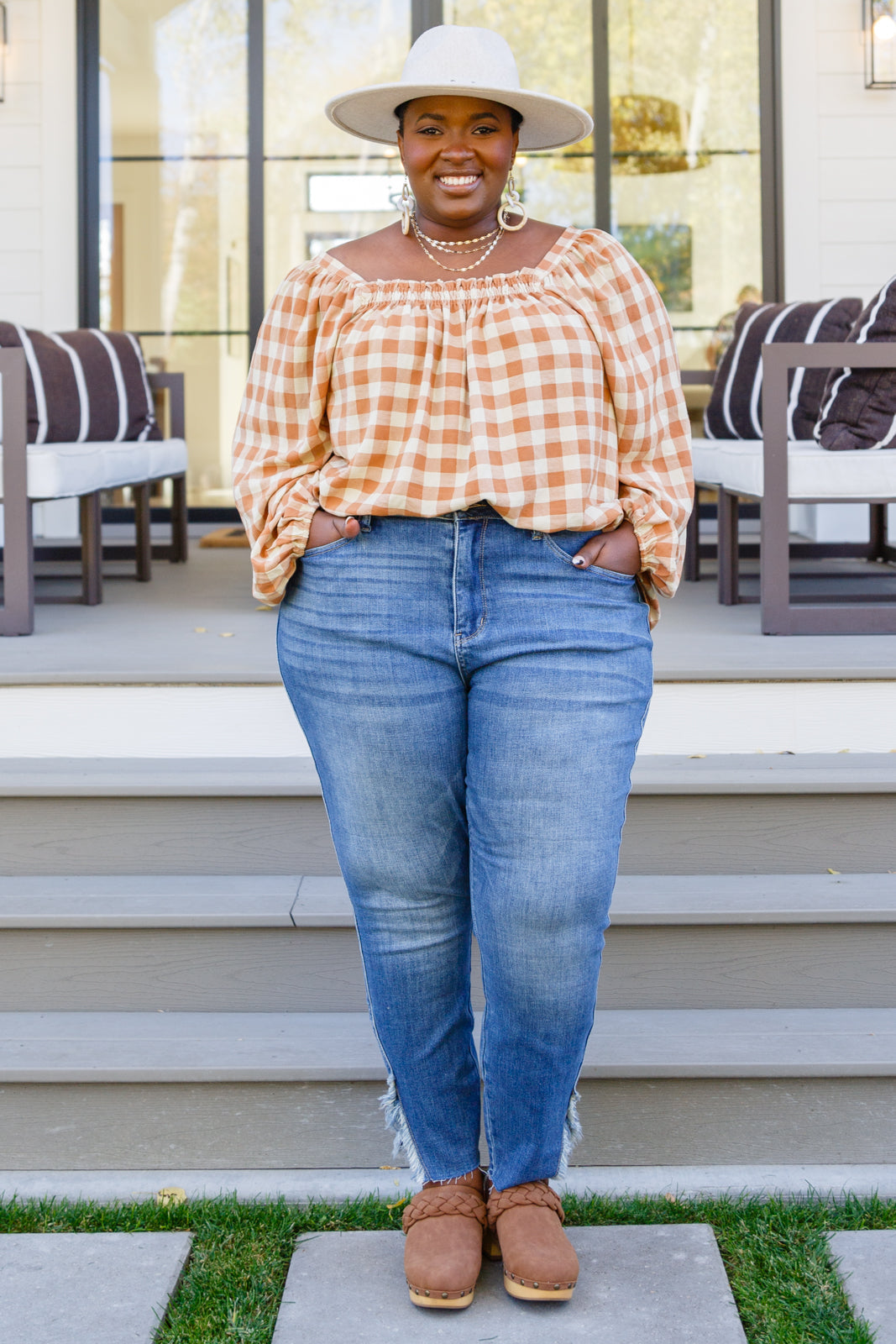 Womens - One Fine Afternoon Gingham Plaid Top In Caramel