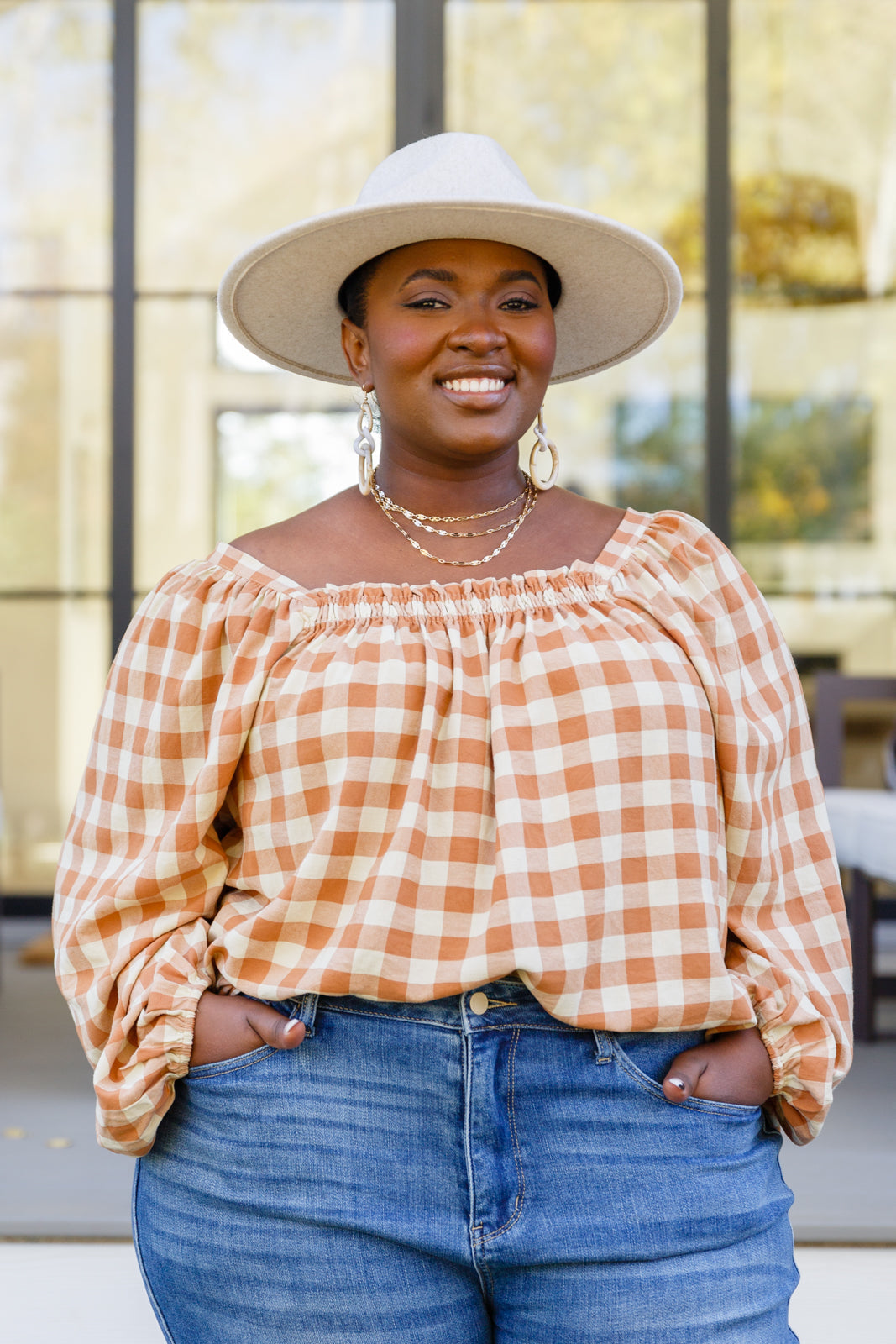 Womens - One Fine Afternoon Gingham Plaid Top In Caramel