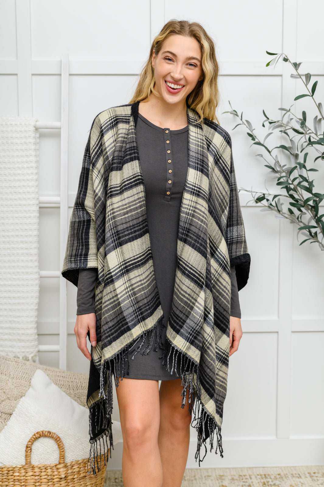 Womens - Plaid Fringe Trimmed Open Poncho In Black