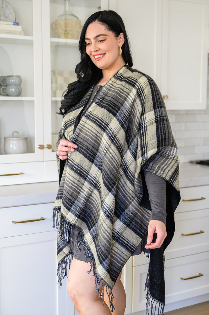 Womens - Plaid Fringe Trimmed Open Poncho In Black