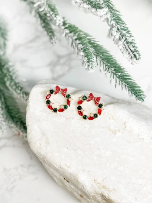Womens - PREORDER: Christmas Wreath Baguette Stud Earrings