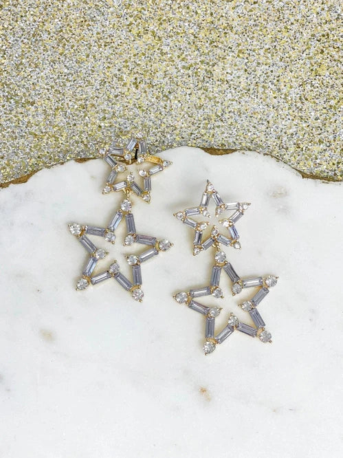Womens - PREORDER: Clear Crystal Winter Star Duo Dangle Earrings